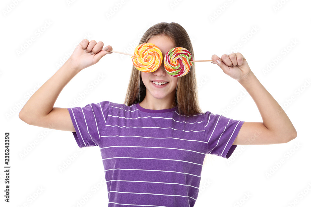 Young girl with lollipops on white background Young girl with lollipops on white background
