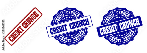 CREDIT CRUNCH grunge stamp seals in red and blue colors. Vector CREDIT CRUNCH labels with distress style. Graphic elements are rounded rectangles, rosettes, circles and text labels.