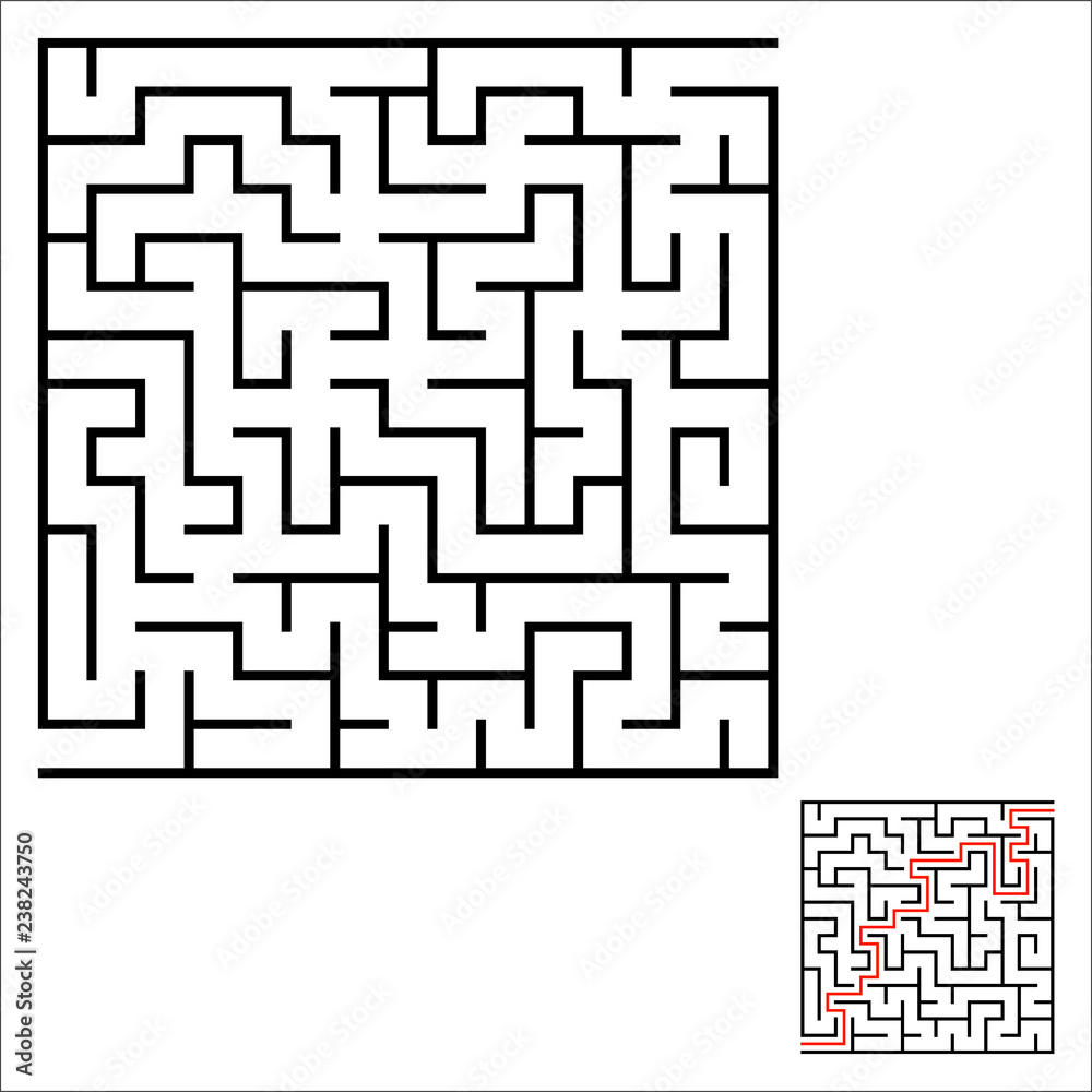 Abstract square maze. An interesting and useful game for kids. Children's puzzle. Labyrinth conundrum. Simple flat vector illustration isolated on color background. With the answer.