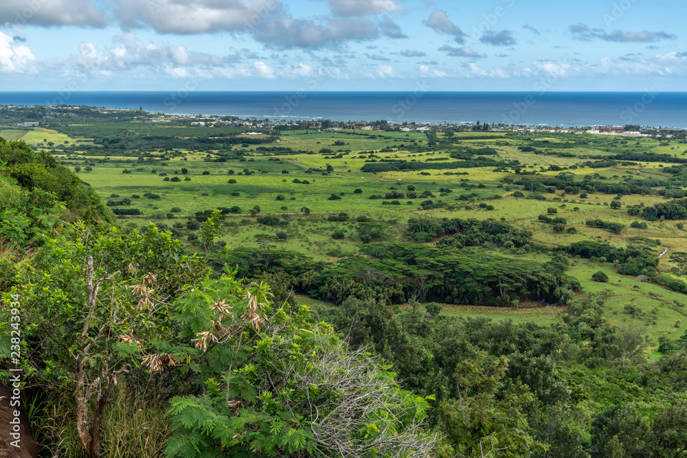 Trees, open fields and houses in a tropical setting with the ocean and clouds in the background