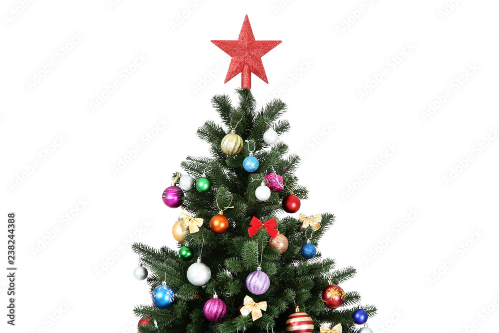 Christmas tree with decorations on white background