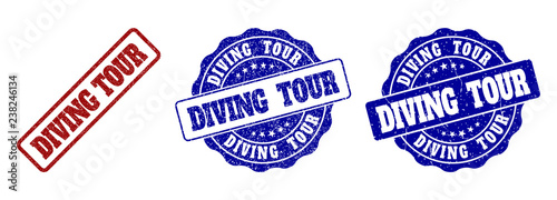 DIVING TOUR scratched stamp seals in red and blue colors. Vector DIVING TOUR labels with draft texture. Graphic elements are rounded rectangles, rosettes, circles and text labels.