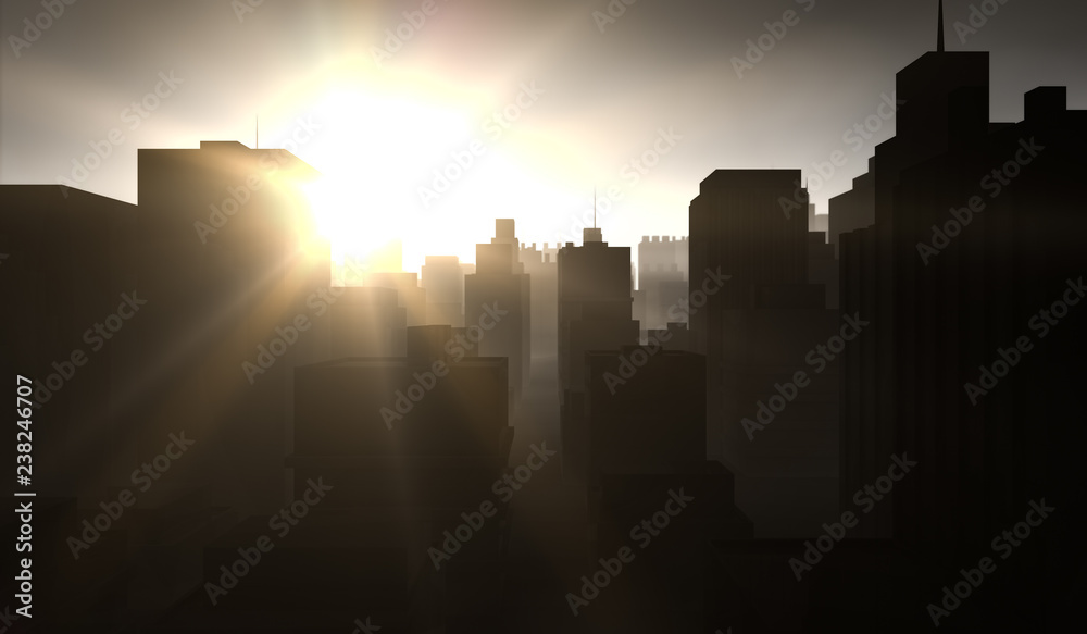 Silhouette cityscape background with sun shine. Black buildings with smoke. 3D Rendering Illustration. Silhouette cityscape background with sun shine. Black buildings with smoke. 3D Rendering Illustration.