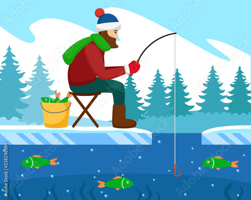 Fisherman catches fish in the winter on the rod.
