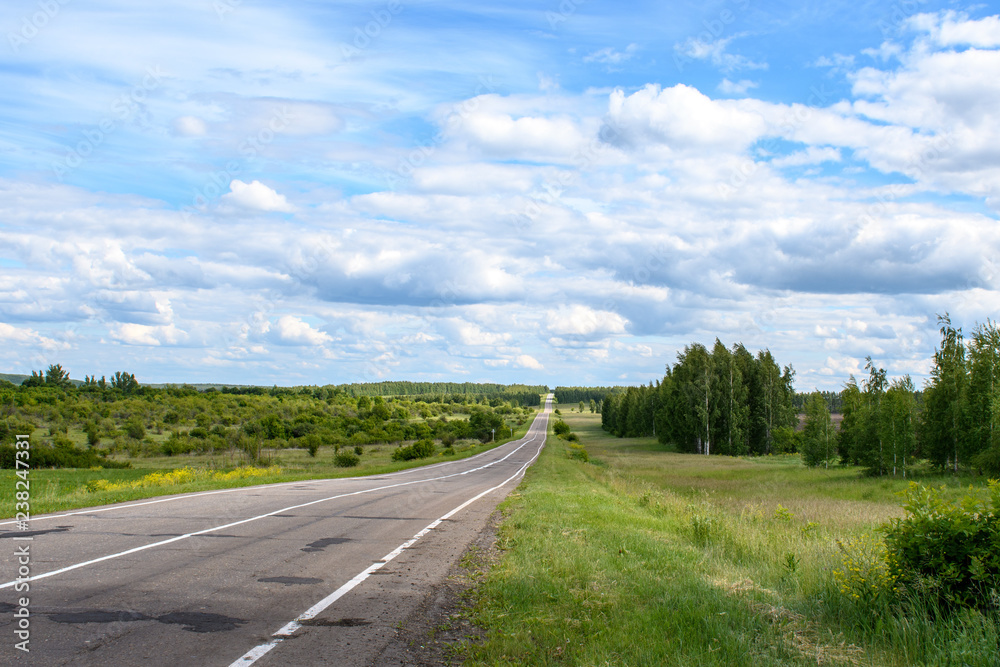 The old asphalt road goes to the horizon with bright white markings among the green fields and trees on the background of the blue sky with clouds.