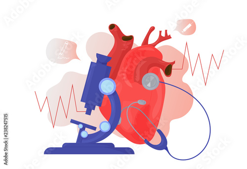 Medical health care vector illustration: cardiology icon with a microscope and a stethoscope.