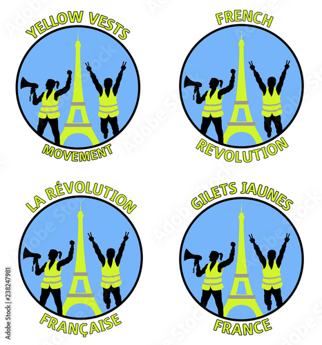 Yellow vests protest designs with Eiffel Tower in Paris France