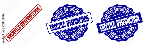 ERECTILE DYSFUNCTION grunge stamp seals in red and blue colors. Vector ERECTILE DYSFUNCTION labels with grunge surface. Graphic elements are rounded rectangles, rosettes, circles and text labels.