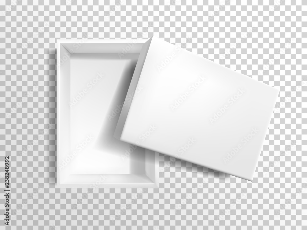 Vector 3d realistic white empty box isolated on transparent background. Plastic rectangular container, top view. Mock-up for merchandise, elegant cardboard product for brand. Blank packaging.