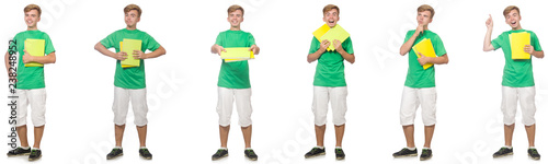 Young student with notes isolated on white 