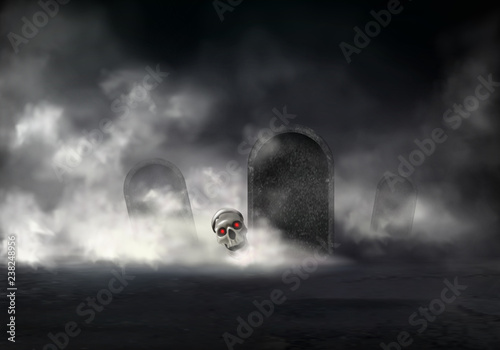 Horror on old cemetery at foggy night realistic vector. Zombie head, skull of deceased with glowing red eyes getting out from grave illustration. Risen with black magic dead. Halloween background