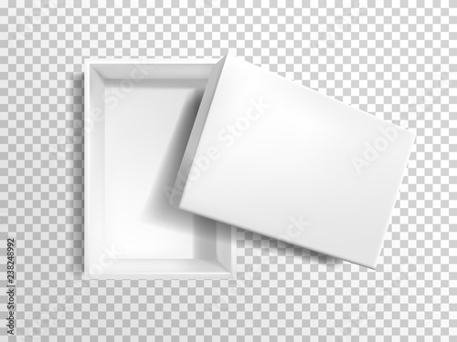 Vector 3d realistic white empty box isolated on transparent background. Plastic rectangular container, top view. Mock-up for merchandise, elegant cardboard product for brand. Blank packaging.