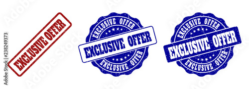 EXCLUSIVE OFFER grunge stamp seals in red and blue colors. Vector EXCLUSIVE OFFER signs with grunge surface. Graphic elements are rounded rectangles, rosettes, circles and text tags. photo
