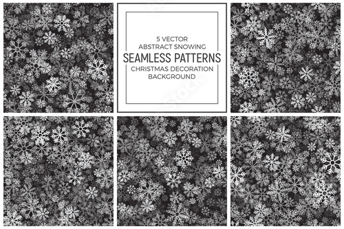 Vector Christmas Decoration Set of 5 Seamless Patterns Abstract Snowing Background. Winter Heavy Snowfall Illustration. Merry Xmas and Happy New Year Wallpaper