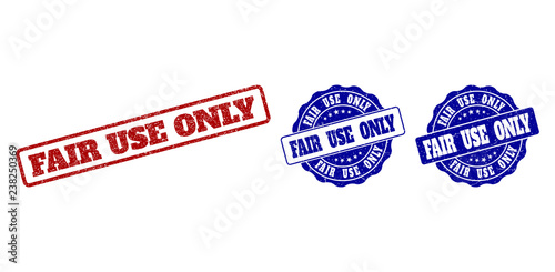 FAIR USE ONLY grunge stamp seals in red and blue colors. Vector FAIR USE ONLY marks with grunge texture. Graphic elements are rounded rectangles, rosettes, circles and text labels.