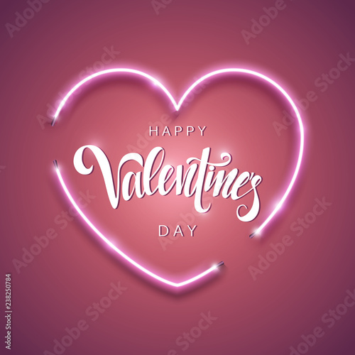 Happy Valentine s Day inscription  vector lettering. Modern calligraphy. Abstract pink background with bright neon heart. 