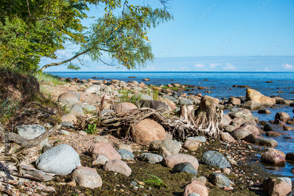 rock covered beach in countryside in Latvia, large rocks in water