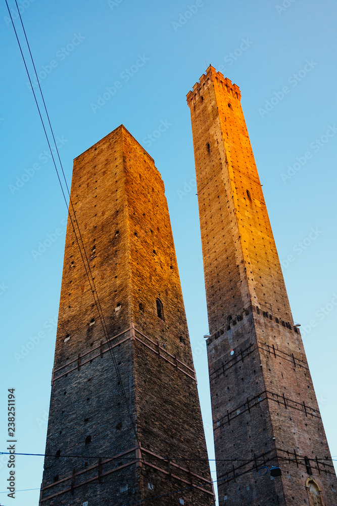 Bologna, Emilia Romagna, Italy. View of the towers from below