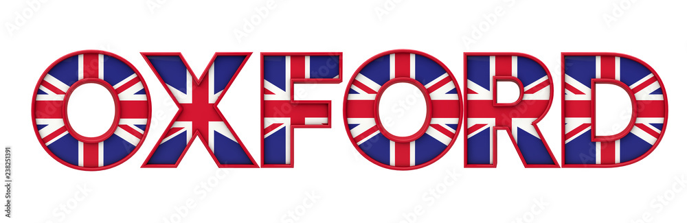 Obraz premium Oxford city word made from union jack flag lettering. 3D Rendering