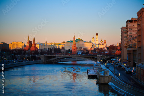 Winter early evening view to the centre of Moscow with river, Kremlin and road