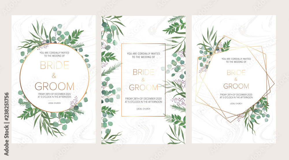 Obraz Wedding floral invitation, thank you modern card: rosemary, eucalyptus branches on white marble texture with a golden geometric pattern. Elegant rustic template. All elements are isolated and editable