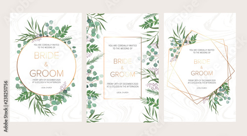 Wedding floral invitation, thank you modern card: rosemary, eucalyptus branches on white marble texture with a golden geometric pattern. Elegant rustic template. All elements are isolated and editable