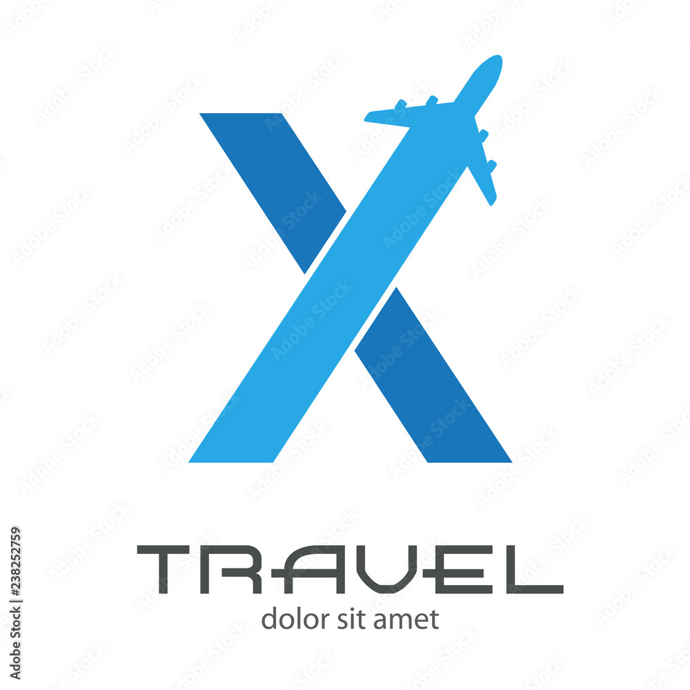 Logotipo TRAVEL con letra X con avión en dos tonos de azul