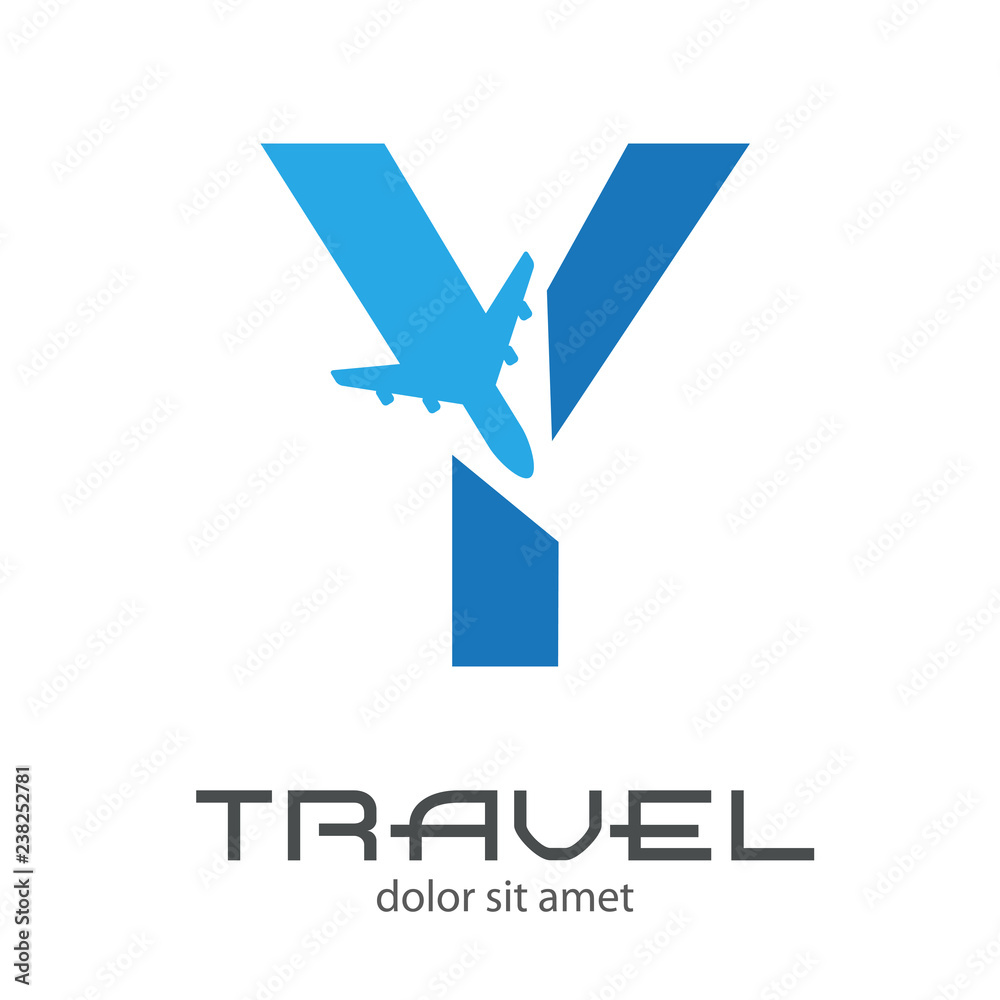 Logotipo TRAVEL con letra Y con avión en dos tonos de azul Logotipo TRAVEL con letra Y con avión en dos tonos de azul