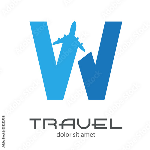 Logotipo TRAVEL con letra W con avión en dos tonos de azul