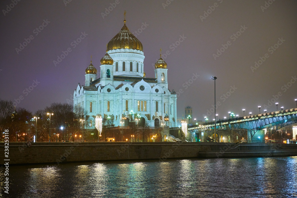 Night winter view to the Cathedral of Christ the Saviour from another side of river Night winter view to the Cathedral of Christ the Saviour from another side of river
