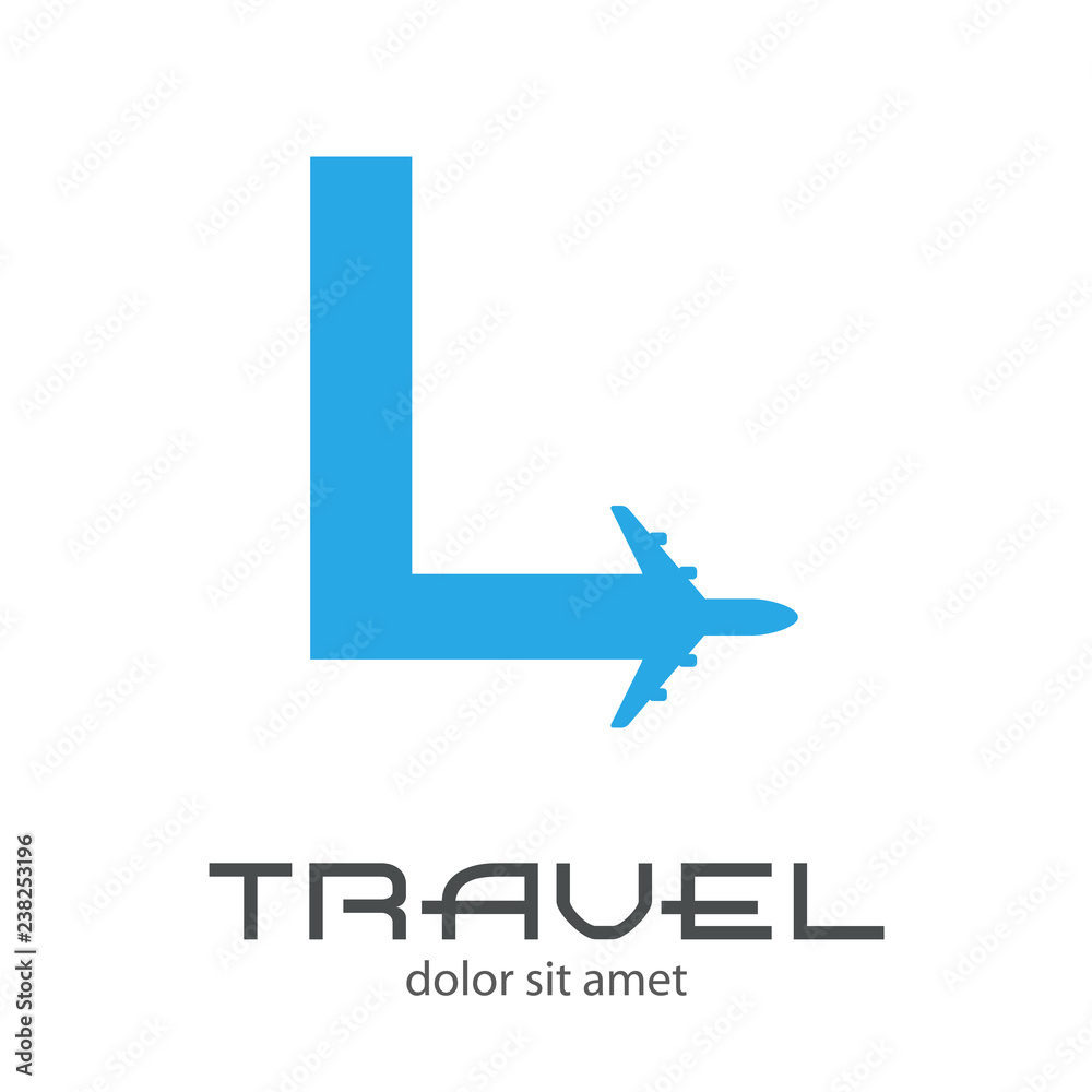 Logotipo TRAVEL con letra L con avión en color azul Logotipo TRAVEL con letra L con avión en color azul