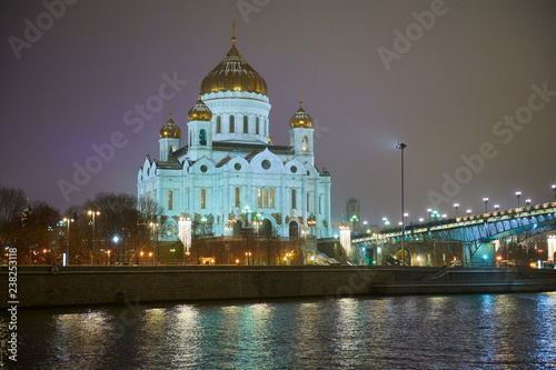 Night winter view to the Cathedral of Christ the Saviour from another side of river