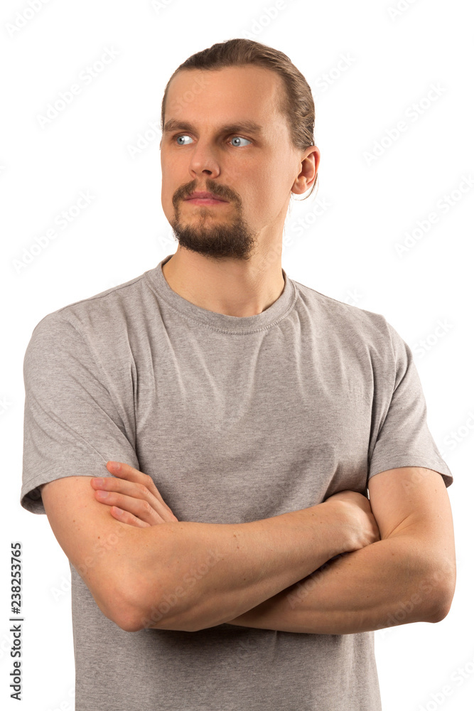 Bearded attractive caucasian guy looking away isolated on white Bearded attractive caucasian guy looking away isolated on white
