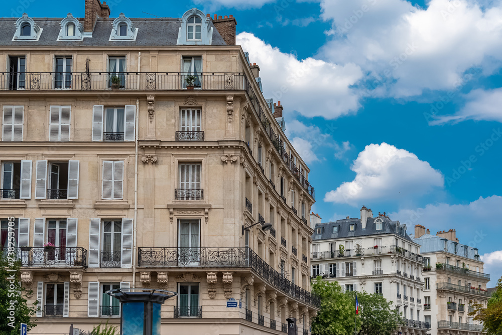 Paris, beautiful building in the center, typical parisian facade boulevard Voltaire 