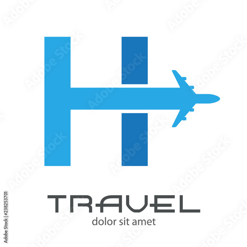 Logotipo TRAVEL con letra H con avión en dos tonos de azul