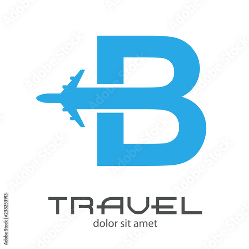 Logotipo TRAVEL con letra B con avión color azul