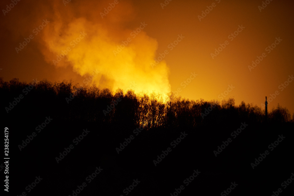 Fototapeta premium Forest fire with smoke at night, view from the distance