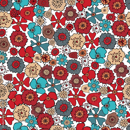 Fototapeta Naklejka Na Ścianę i Meble -  Seamless pattern with hand drawn stylized colorful flowers on white background. Endless floral pattern with orange, blue, red, brown decorative elements