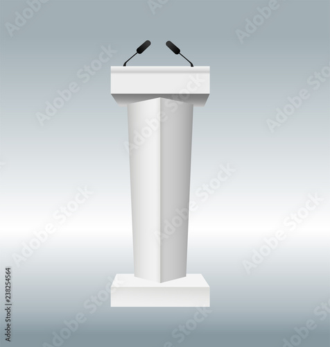 vector illustration of podium tribune with microphones isolated on transparent background. Art design rostrum stands. Abstract concept graphic element for business presentation, conference.
