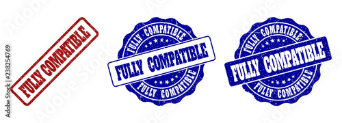 FULLY COMPATIBLE grunge stamp seals in red and blue colors. Vector FULLY COMPATIBLE signs with grunge style. Graphic elements are rounded rectangles, rosettes, circles and text tags.