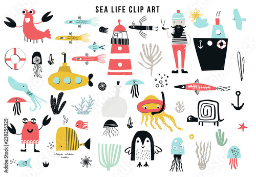 Big kids sea life clipart collection. A large set of items on the marine theme cut out of paper. Vector illustration