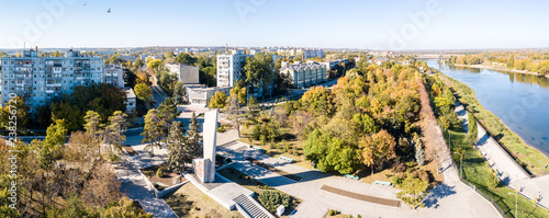 Aerial view of of Bendery (Bender) on river of Dniester, in break away Pridnestrovian Moldavian Republic (Transnistria; PMR; Trans-Dniester) (Moldova)