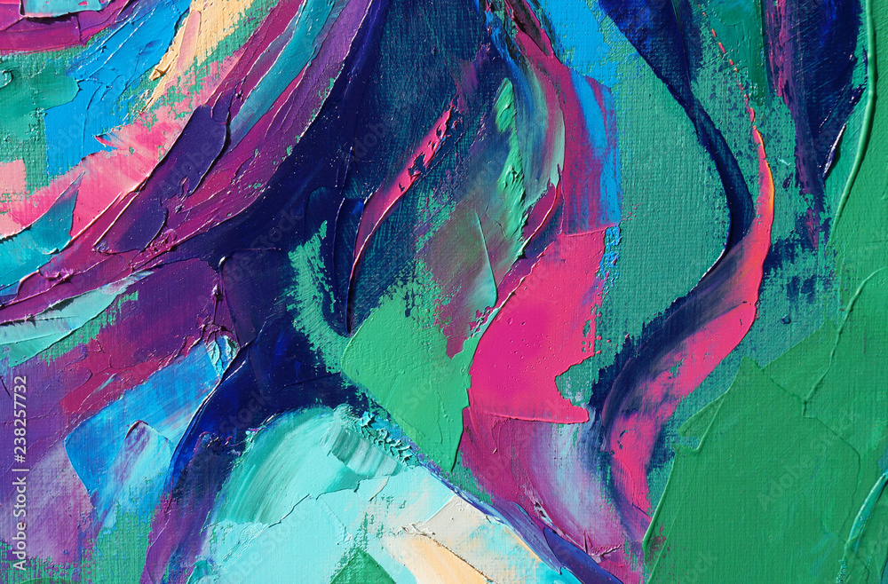 Fototapeta Fragment. Multicolored texture painting. Abstract art background. oil on canvas. Rough brushstrokes of paint. Closeup of a painting by oil and palette knife. Highly-textured, high quality details.