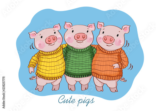 Group of cute pigs. Farm. New year symbol. Fairy illustration. Vector clipart