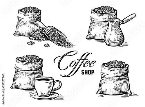 set of coffee beans in bag and other elements in graphic style vector illustration