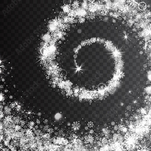 Christmas Vector Magic Swirling Snow Effect with Realistic Bright Silver Snowflakes and Lights Overlay on Transparent Background. Merry Xmas and Happy New Year Holidays Abstract Illustration