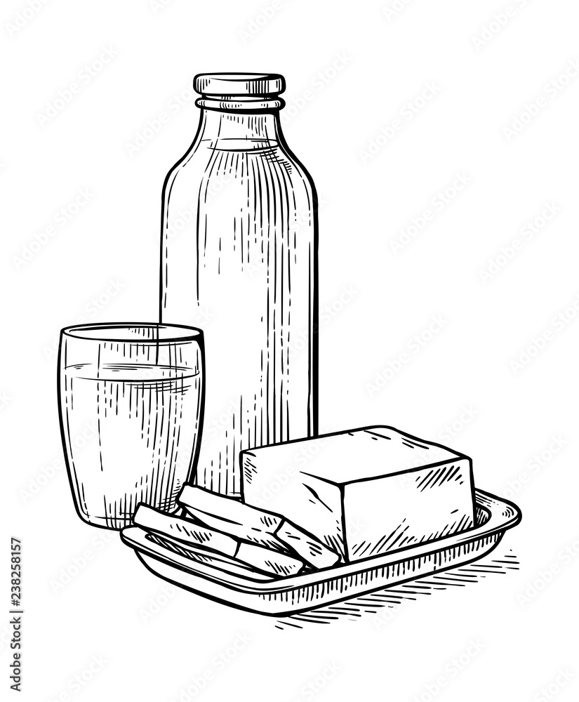Healthy Breakfast Drawing Sketch Milk Glass Cheese Milk Bottle Vector Illustration Stock Vector Adobe Stock