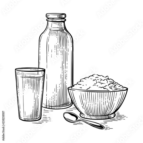 healthy Breakfast drawing sketch milk glass crumbly curd milk bottle vector illustration