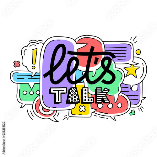 Doodle illustration of colorful dialog speech bubbles with icons and text lets talk on white background. Safety communication technology concept. Thin line art flat design of mobile technology