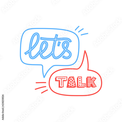 Doodle illustration of colorful dialog speech bubbles with icons and text lets talk on white background. Safety communication technology concept. Thin line art flat design of mobile technology